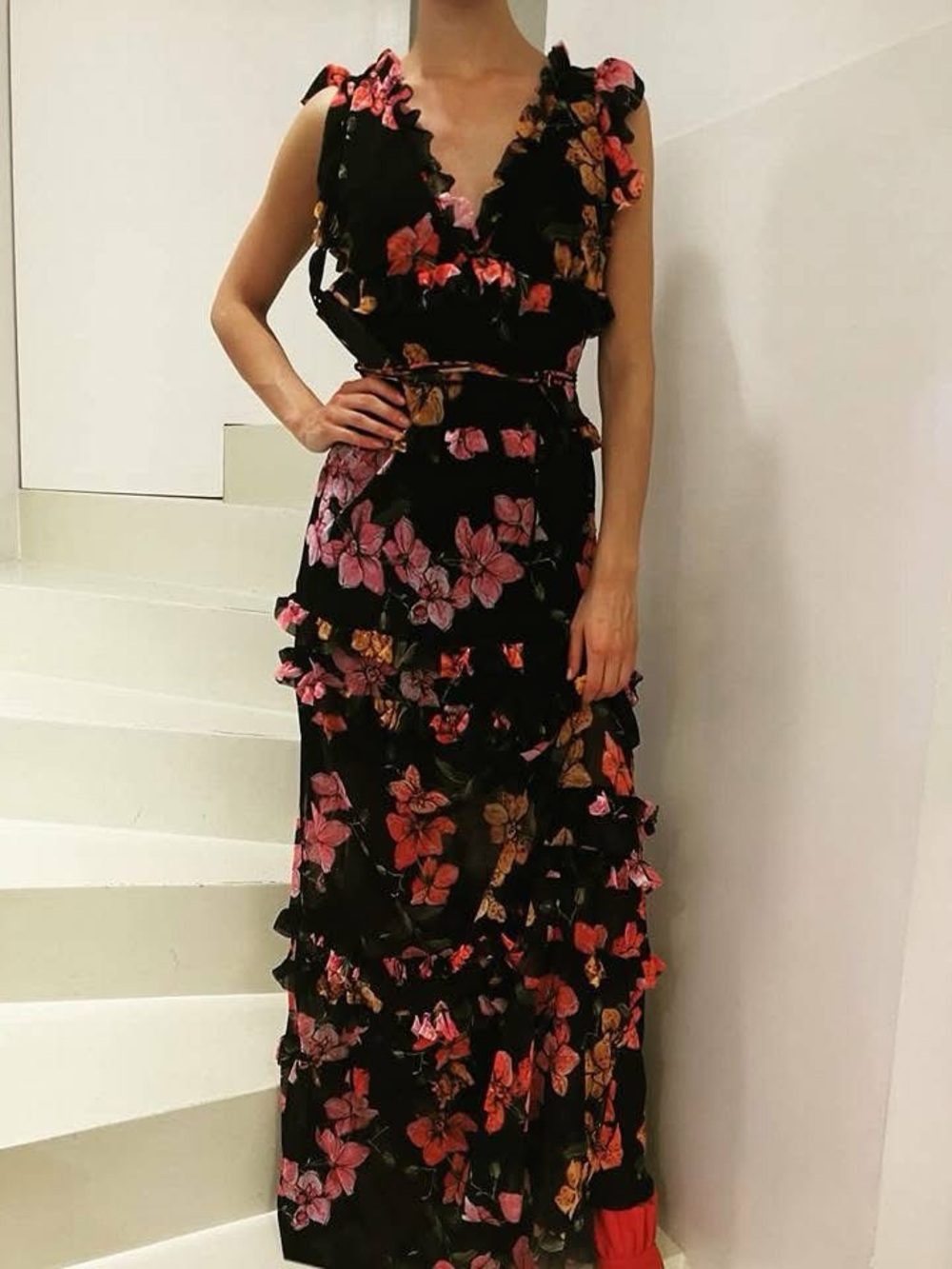 Pinko Black Maxi Dress with Pink and Orange Floral Print